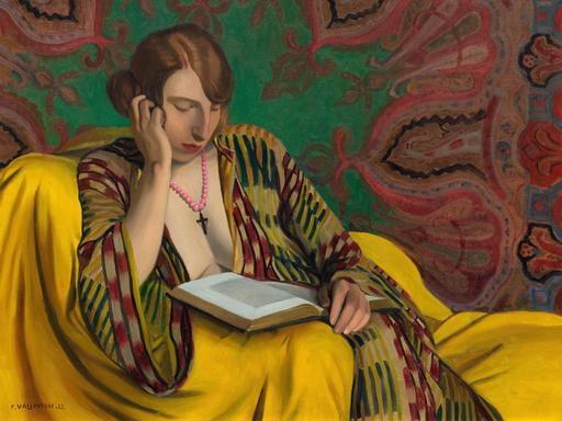 Auf dem Gemälde "La Liseuse" von Félix Edouard Vallotton ist eine lesende Frau im Salon zu sehen. 