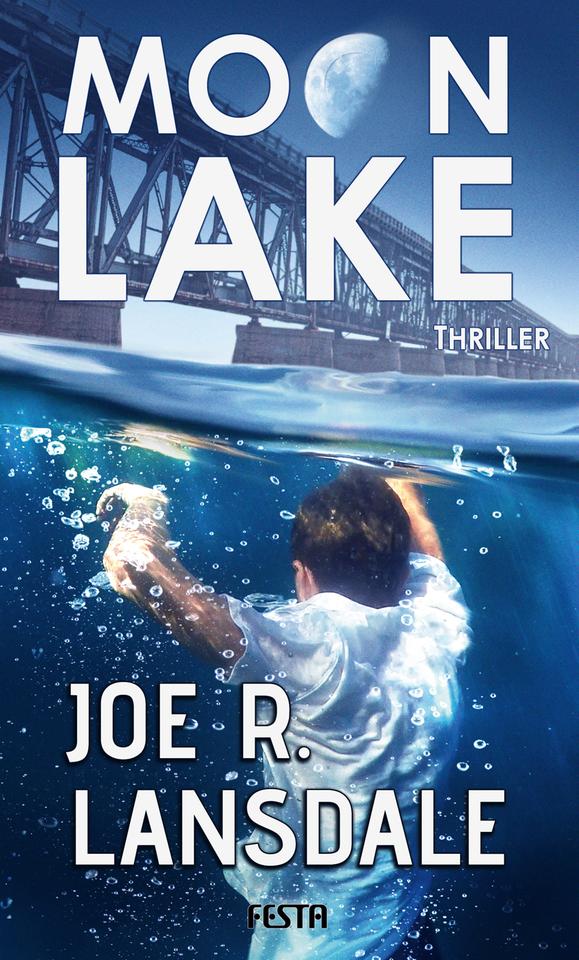 Das Cover des Krimis von Joe R. Lansdale, "Moon Lake". Die Illustration  zeigt im Vordergrund einen Mensch in weißem Shirt von hinten, der Kopf und angewinkelte Arme unter Wasser hat. Im Hintergrund ist eine Brücke zu sehen. Das Buch ist auf der Krimibestenliste von Deutschlandfunk Kultur.