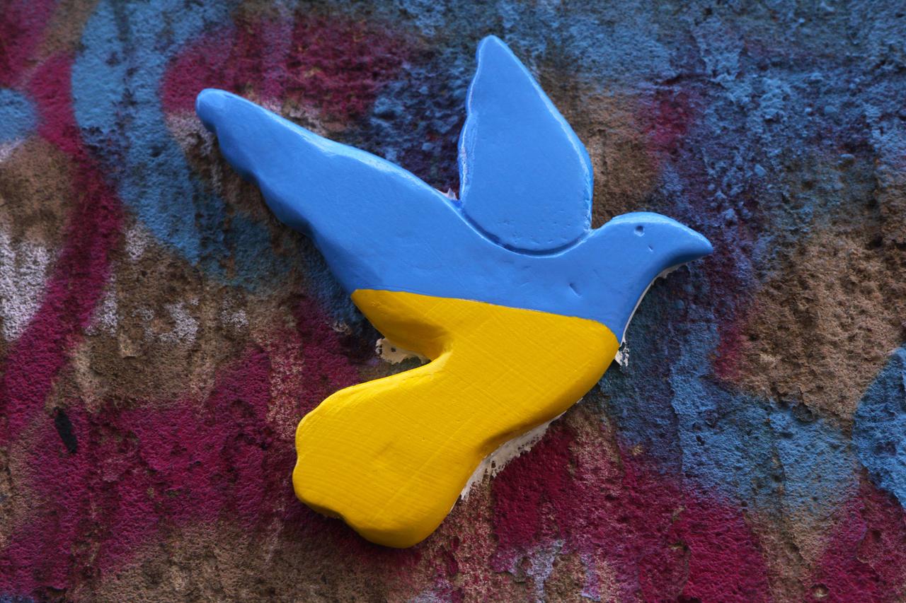 Friedenstaube in den Nationalfarben der Ukraine an einer Hauswand 