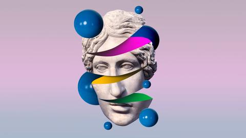 Illustration eines Skulpturenkopfes, der sich spiralförmig in farbige Scheiben teilt. Herum schweben blaue Kugeln.