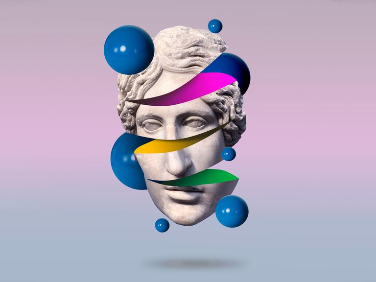 Illustration eines Skulpturenkopfes, der sich spiralförmig in farbige Scheiben teilt. Herum schweben blaue Kugeln.