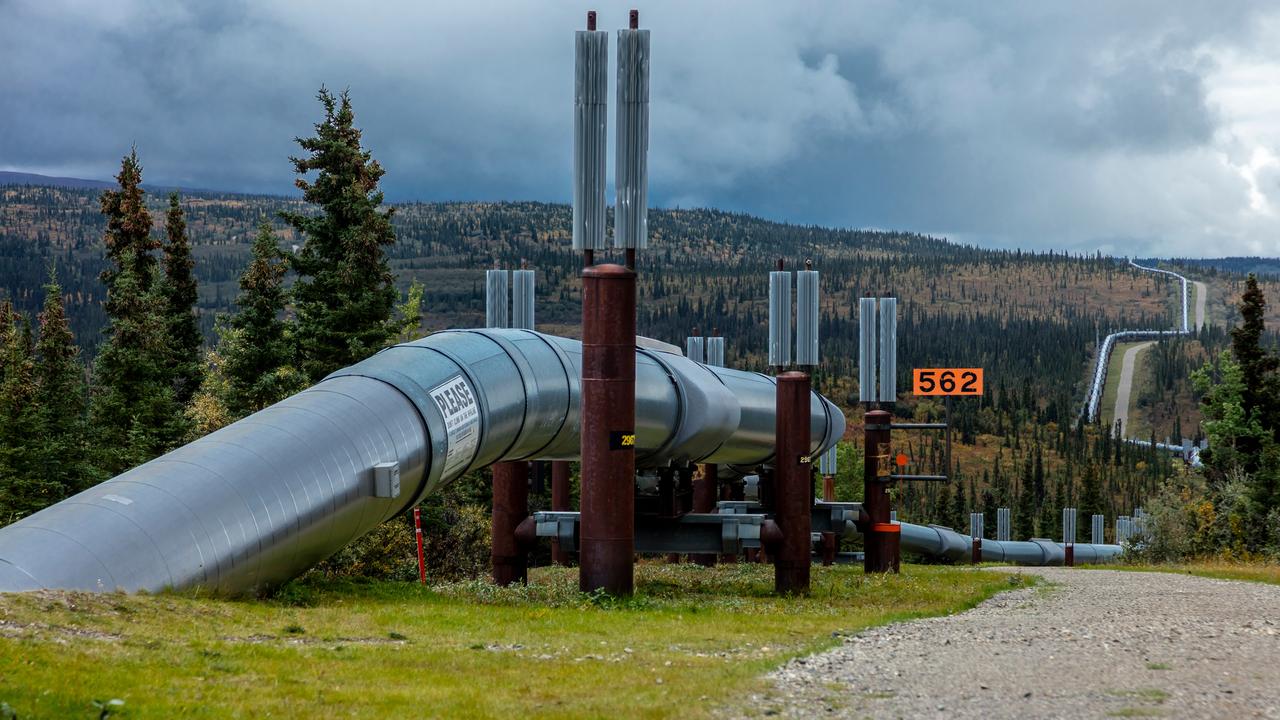Die Trans-Alaska-Pipeline schlängelt sich kilometerlang durch eine karge Naturlandschaft in Alaska.