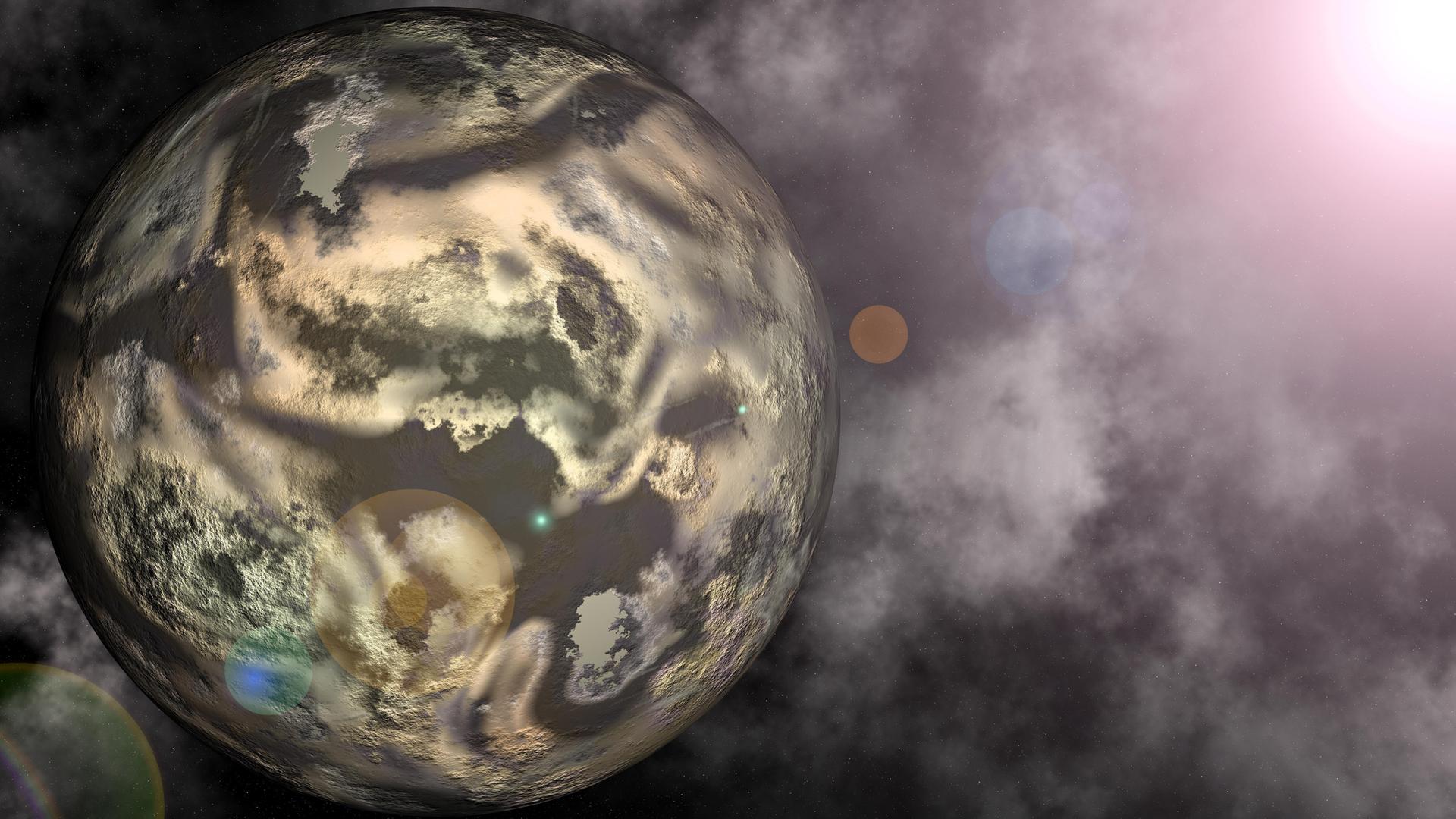 Digital erstellte Illustration des Planeten Pluto mit Sternenhimmel.