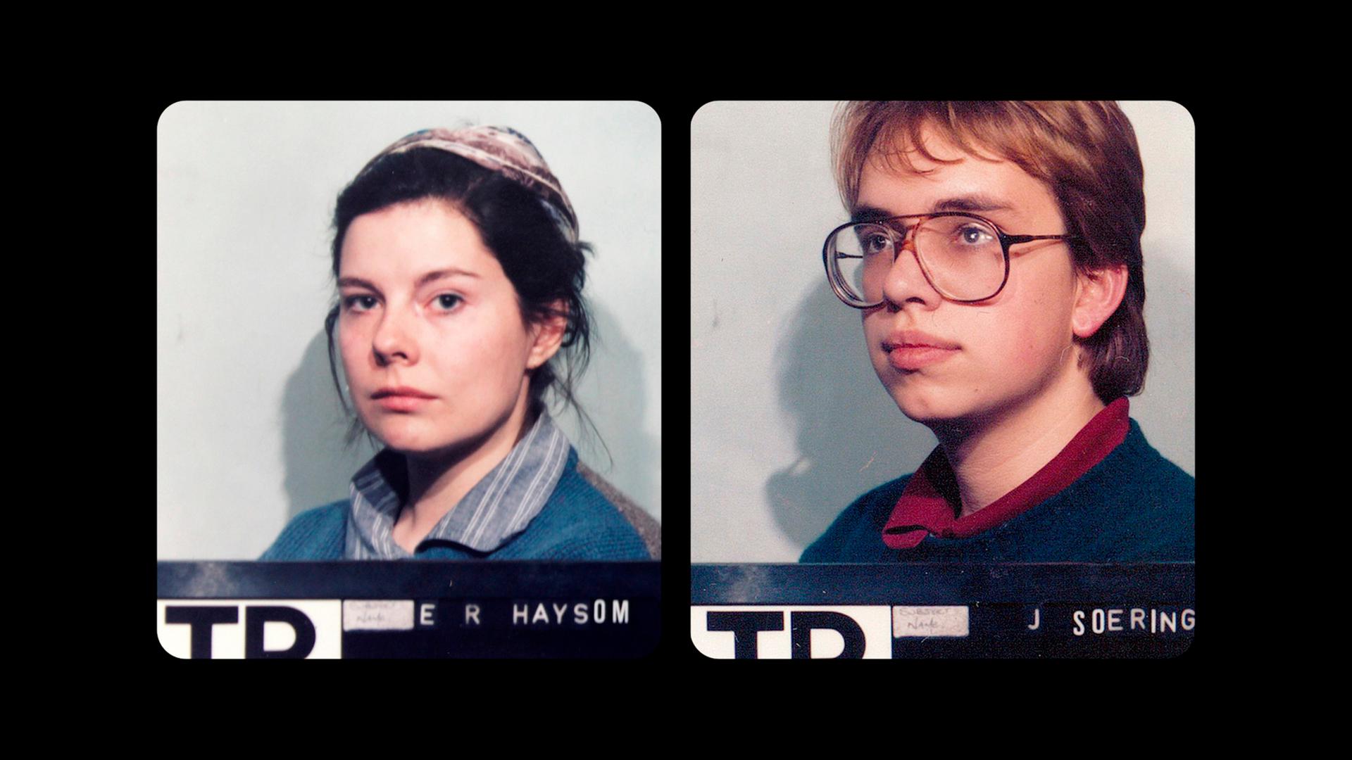 Polizeifotos: 1986 werden Elizabeth Haysom, Tochter der ermordeten Opfer, und ihr damaliger Freund Jens Söring in London festgenommen. Aus: "Der Fall Jens Söring - Mord. Macht. Medien."