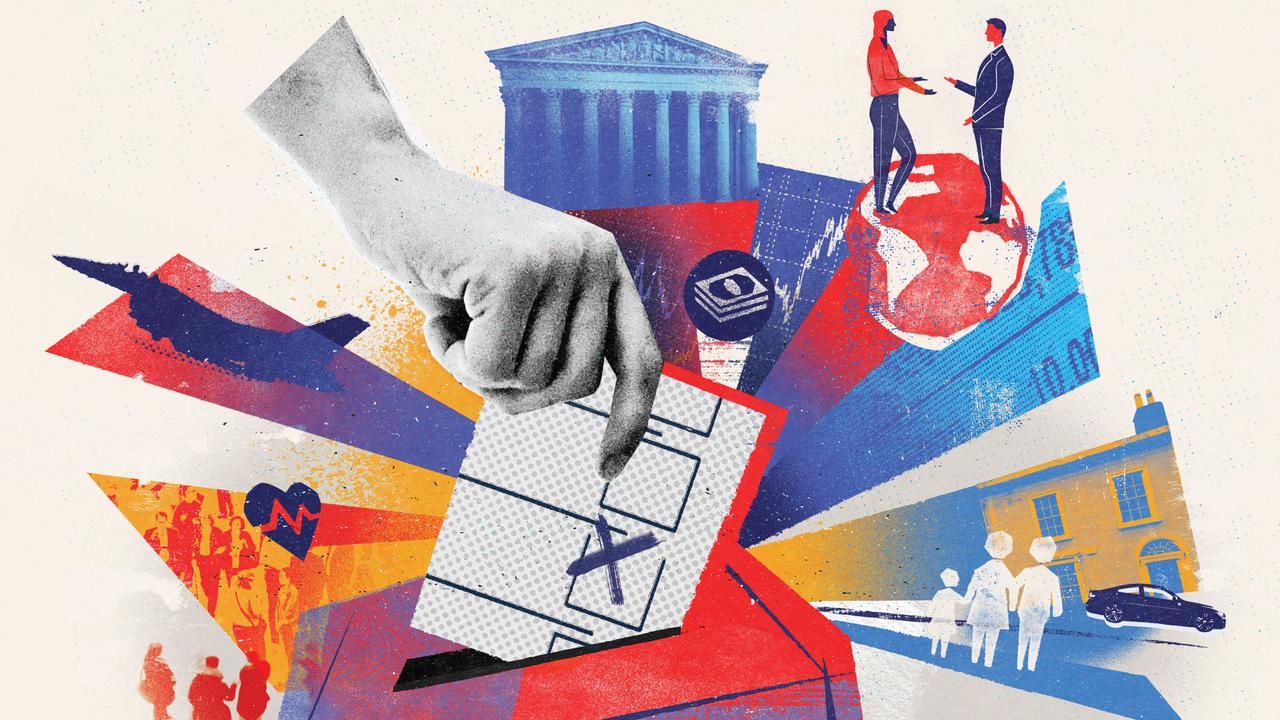 Illustration: Eine große Hand wirft einen Stimmzettel mit angekreuztem Feld in eine Wahlurne; drumherum sind Symbole wie Parlamentsgebäude, Globus, Menschen und ein Wohnhaus in Rot, Blau und Gelb zu sehen.