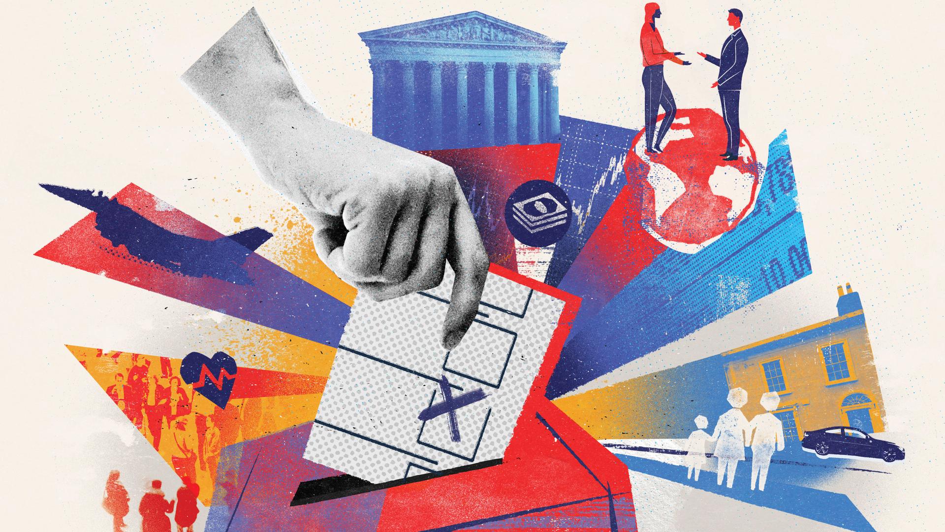 Illustration: Eine große Hand wirft einen Stimmzettel mit angekreuztem Feld in eine Wahlurne; drumherum sind Symbole wie Parlamentsgebäude, Globus, Menschen und ein Wohnhaus in Rot, Blau und Gelb zu sehen. Illustration: Eine große Hand wirft einen Stimmzettel mit angekreuztem Feld in eine Wahlurne; drumherum sind Symbole wie Parlamentsgebäude, Globus, Menschen und ein Wohnhaus in Rot, Blau und Gelb zu sehen.
