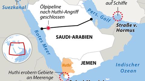 Lage im Nahost: Die Meerengen von Bab al-Mandab und die Pipeline durch Saudi-Arabien