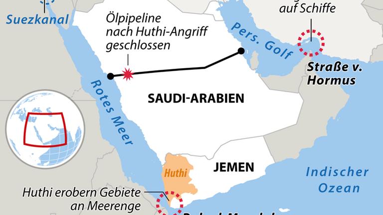 Lage im Nahost: Die Meerengen von Bab al-Mandab und die Pipeline durch Saudi-Arabien