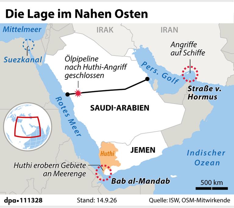 Lage im Nahost: Die Meerengen von Bab al-Mandab und die Pipeline durch Saudi-Arabien