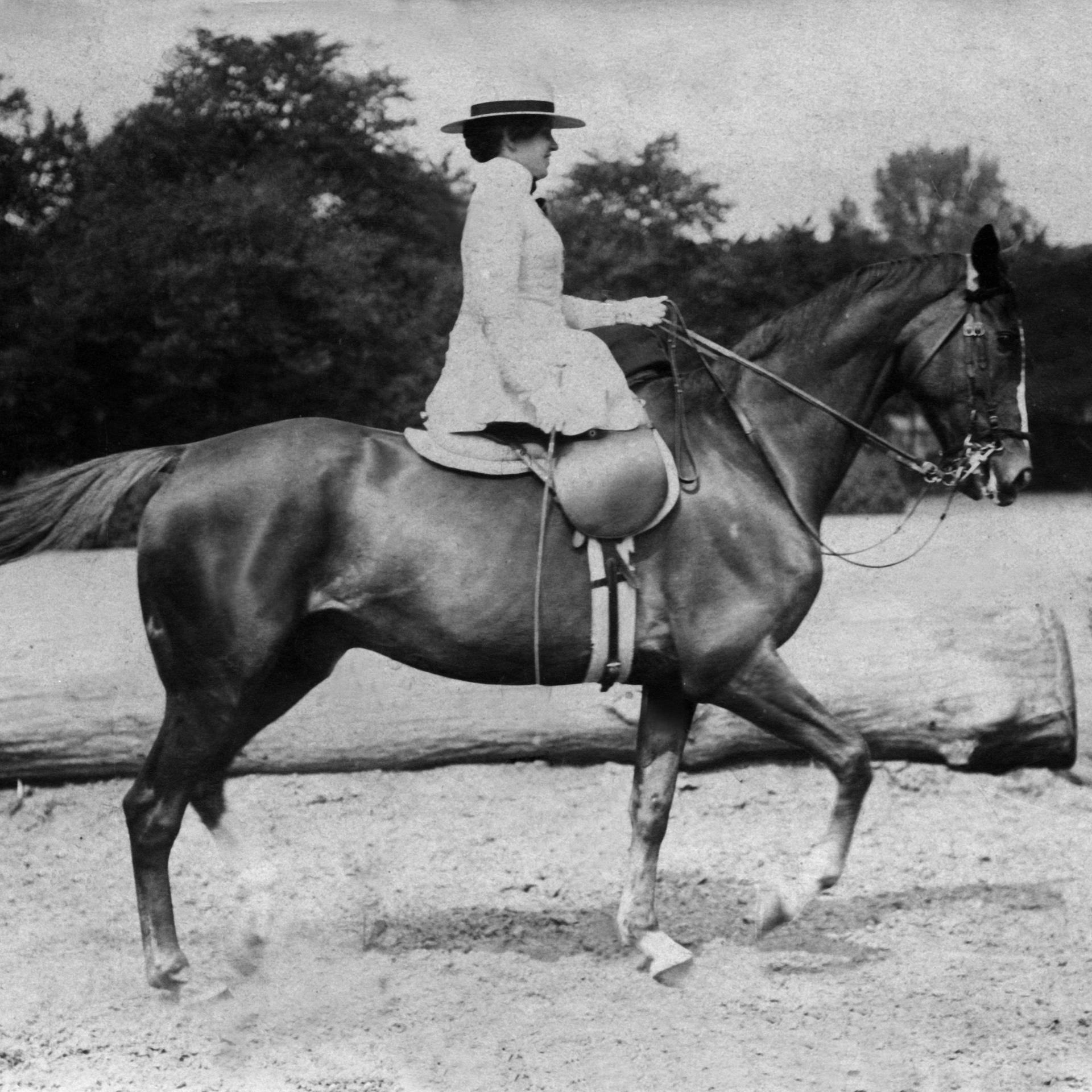 schwarz-weiß Bild: Frau auf Pferd.