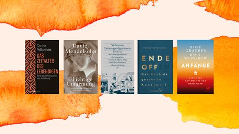 Die Cover der fünf Bücher, die im Februar 2022 auf den ersten drei Plätzen der Sachbuchbestenliste von Deutschlandfunk Kultur, ZDF und "Die Zeit": Corine Pelluchon: "Das Zeitalter des Lebendigen", Daniel Mendelsohn: "Flüchtige Umarmung", Nicole Mayer-Ahuja/Oliver Nachtwey (Hg.): "Verkannte Leistungsträger:innen", Thomas von Steinäcker: "Ende offen", und David Graeber/David Wengrow: "Anfänge"