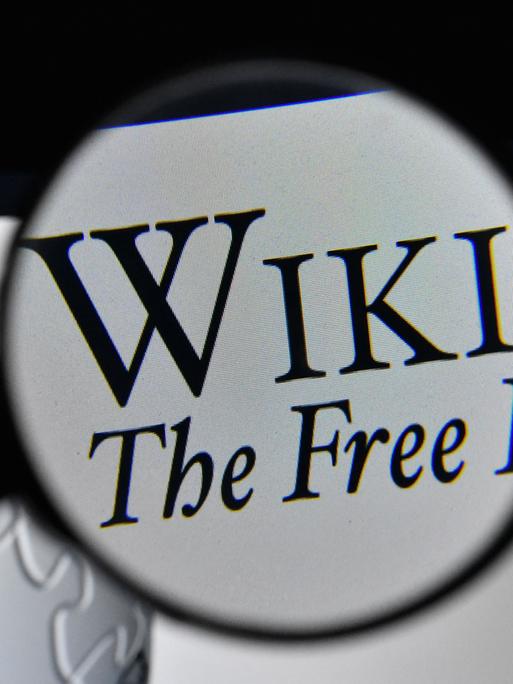 Illustration: Das Logo von Wikipedia durch eine Lupe gesehen, mit dem Wort "Free" auf dem Bildschirm.