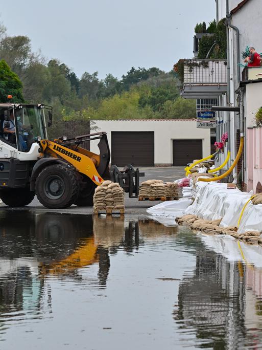 Sandsäcke sollen Häuser vor dem Hochwasser der Oder schützen.