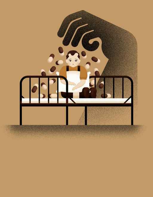 Abstrakte Zeichnung eines Kindes, das auf einem altmodischen Heimbett hockt, über ihm eine krallenartig bedrohende riesige Hand in Schattenanmutung, die überdimensionale Pillen auf das Bett streut