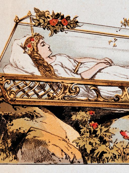 Ein Bild des Märchens Schneewittchen der Gebrüder Grimm zeigt Schneewittchen im gläsernen Sarg auf einem Felsen, um den Sarg wachsen Rosen. (Ausschneidebogen für Kindertheater um 1870)