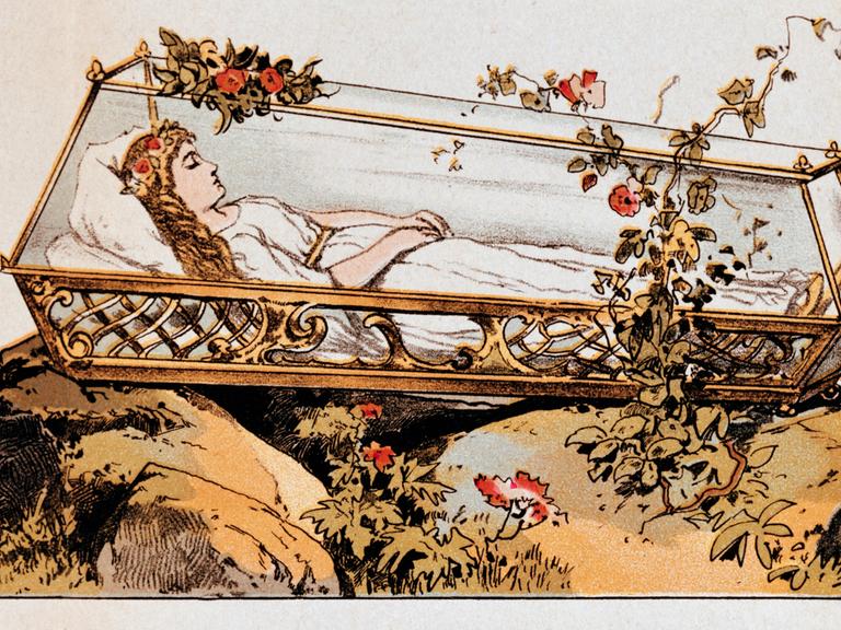 Ein Bild des Märchens Schneewittchen der Gebrüder Grimm zeigt Schneewittchen im gläsernen Sarg auf einem Felsen, um den Sarg wachsen Rosen. (Ausschneidebogen für Kindertheater um 1870)