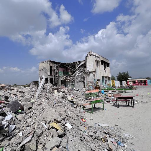 Ruinen einer von Bomben getroffenen Schule. 