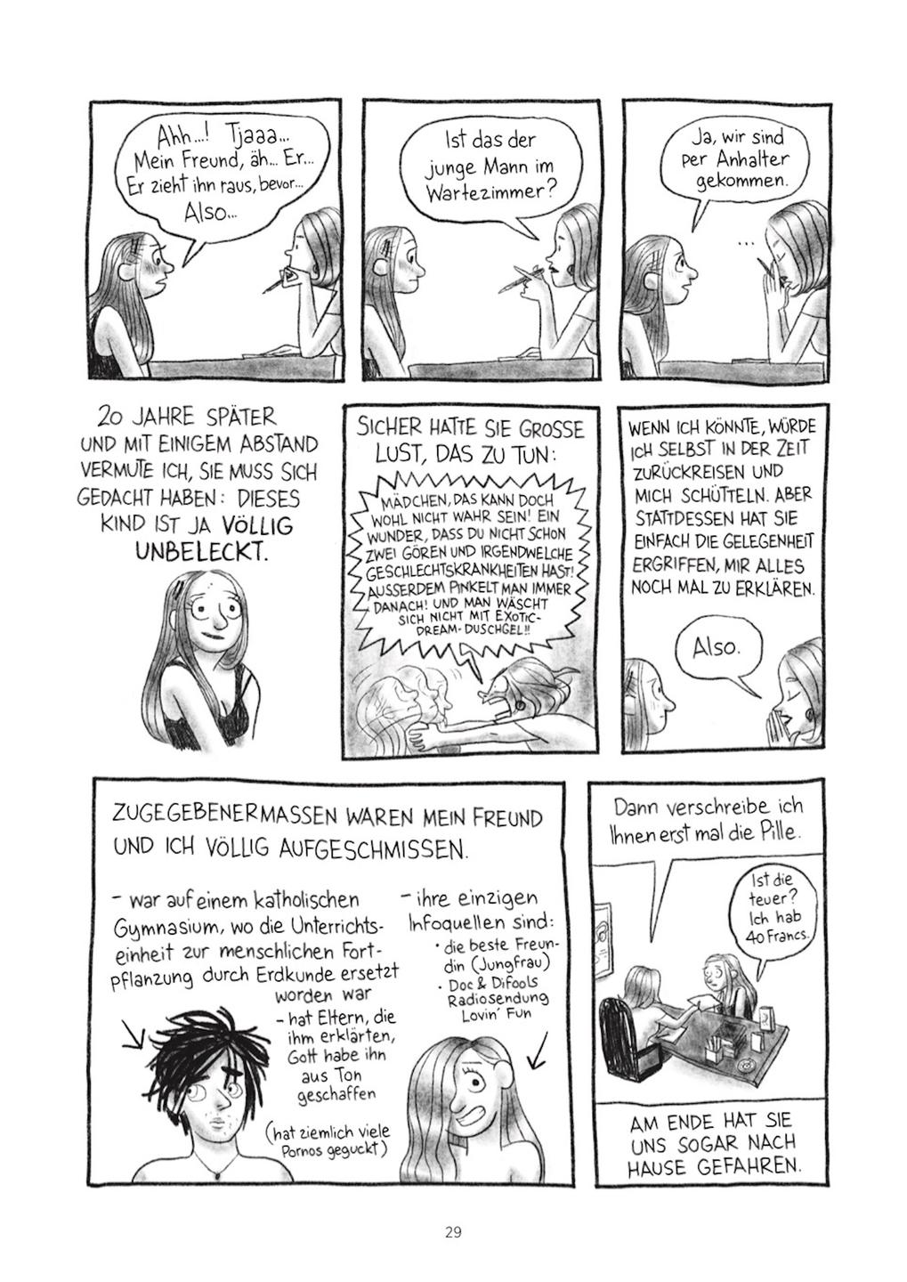Seite 29 aus dem Comic Schichten von Pénélope Bagieu. Darin wird als Bildgeschichteeine Episode aus Ihrer Jugend erzählt: eine junge Frau im Aufklärungs-Gespräch mit ihrer Gynäkologin.