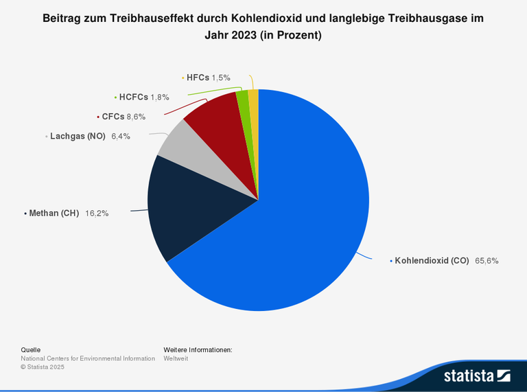 Kreisdiagramm, das den prozentualen Beitrag verschiedener Treibhausgase zum Treibhauseffekt im Jahr 2023 darstellt, wobei Kohlendioxid mit 65,6 % den größten Anteil hat.