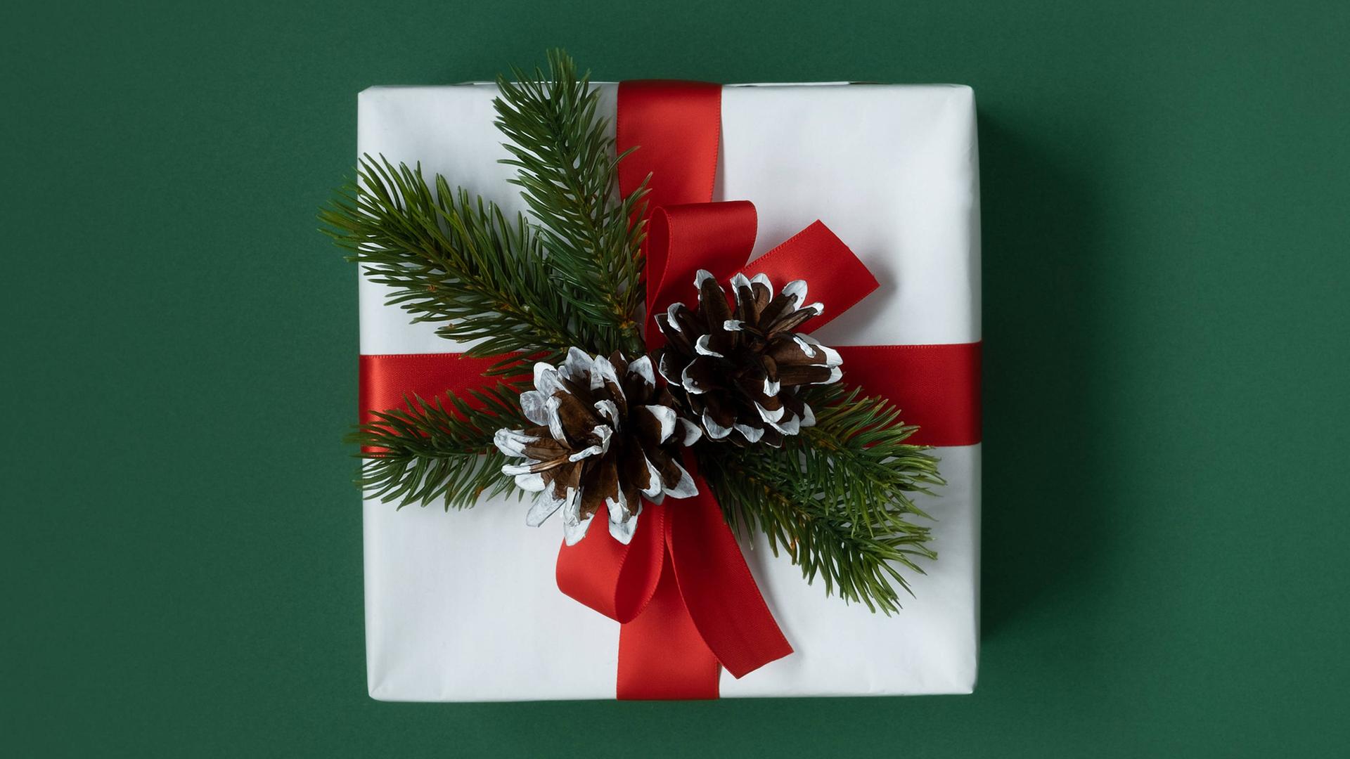 Weiße Geschenkbox mit rotem Band und grünem Zweig auf grünem Hintergrund