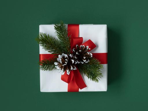 Weiße Geschenkbox mit rotem Band und grünem Zweig auf grünem Hintergrund Weiße Geschenkbox mit rotem Band und grünem Zweig auf grünem Hintergrund