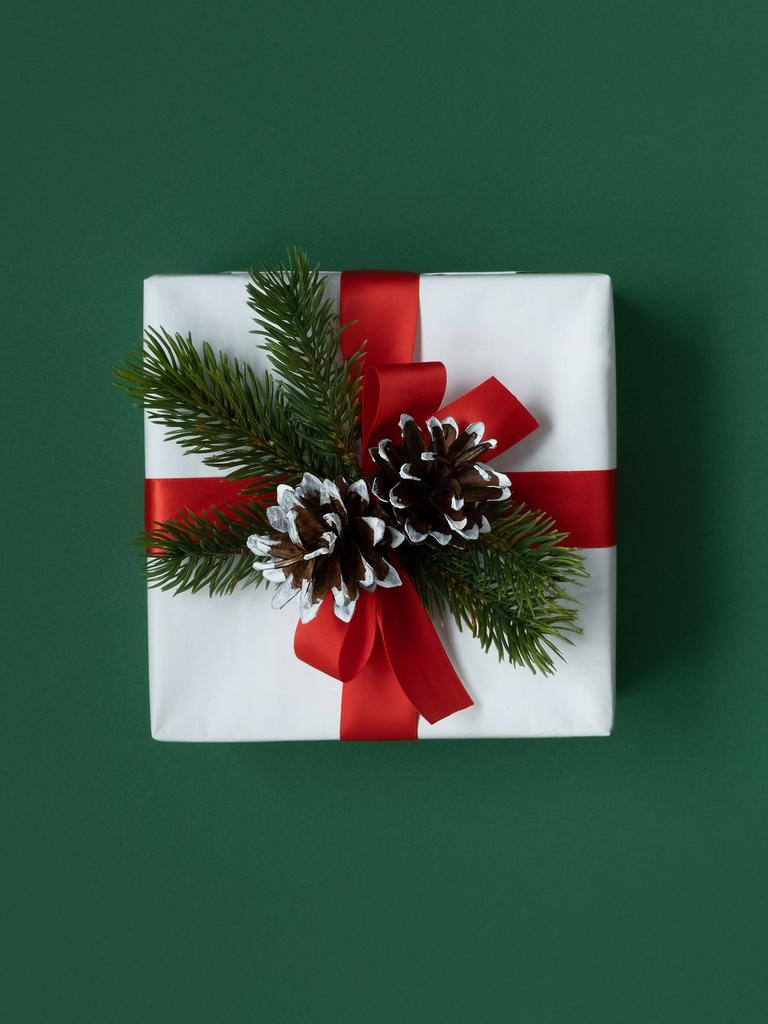 Weiße Geschenkbox mit rotem Band und grünem Zweig auf grünem Hintergrund Weiße Geschenkbox mit rotem Band und grünem Zweig auf grünem Hintergrund