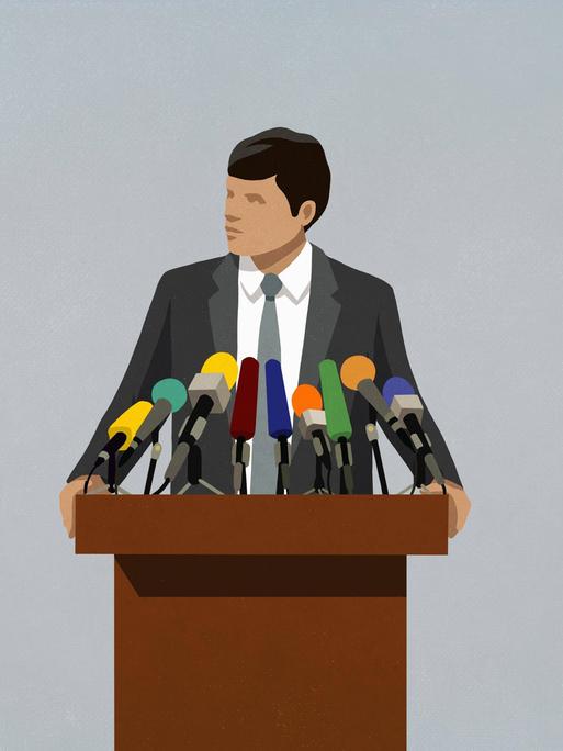 Illustration: Ein Politiker steht an einem Rednerpult mit vielen Mikrofonen.