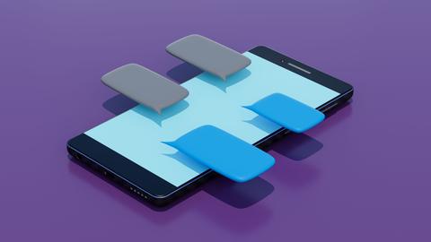 Illustration: Ein Smartphone mit vier schwebenden Sprechblasen über dem Display.