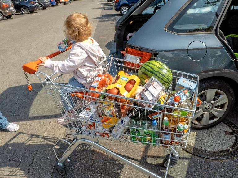 Ein voller Einkaufswagen samt Kind