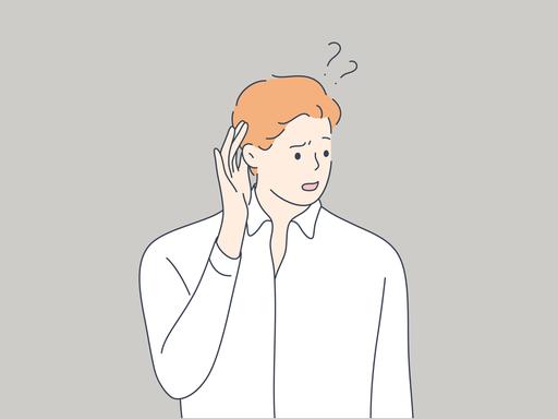 Eine Illustration zeigt eine männliche Person. Die Person hält sich die Hand wie einen Schirm hinters Ohr, um besser hören zu können. Über dem Kopf der Person sind zwei Fragezeichen zu sehen. Eine Illustration zeigt eine männliche Person. Die Person hält sich die Hand wie einen Schirm hinters Ohr, um besser hören zu können. Über dem Kopf der Person sind zwei Fragezeichen zu sehen.