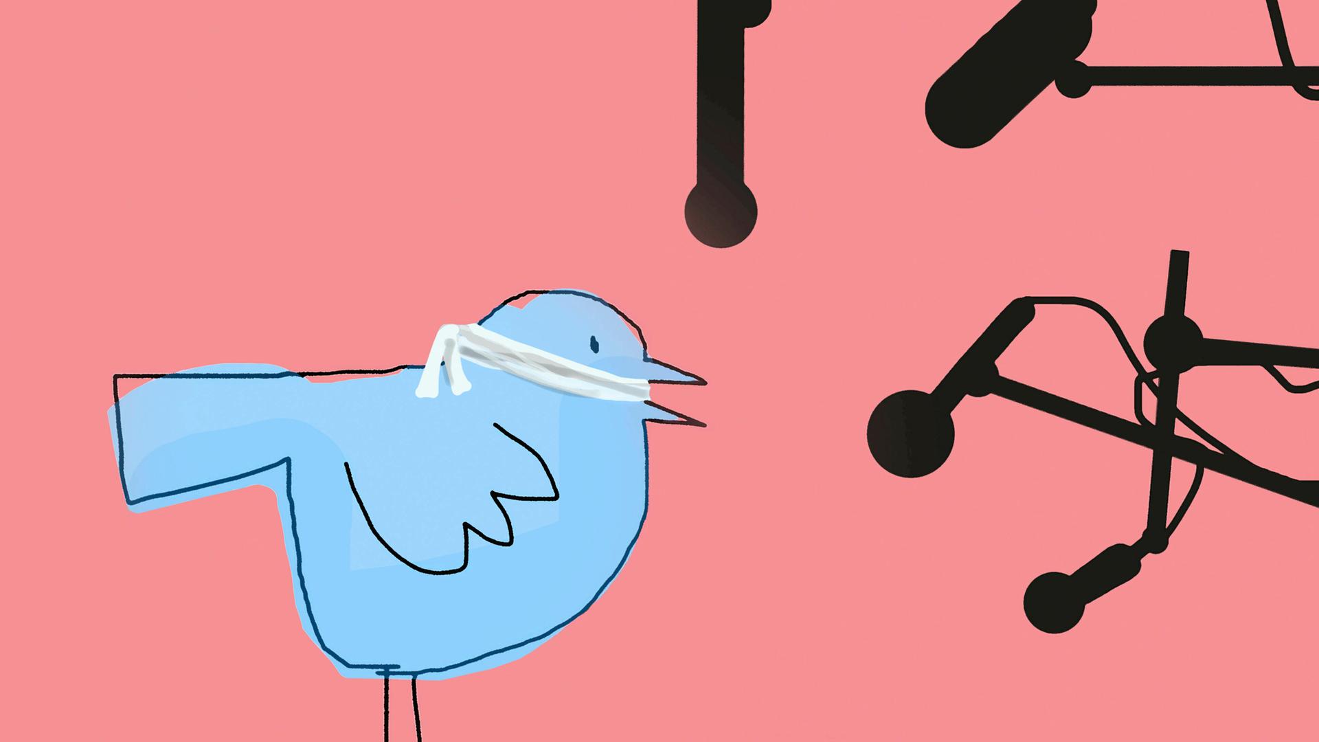 Illustration: Geknebelter "Twitter" Vogel vor Mikrofonen.