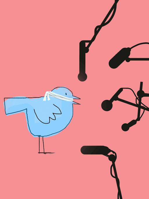 Illustration: Geknebelter "Twitter" Vogel vor Mikrofonen.
