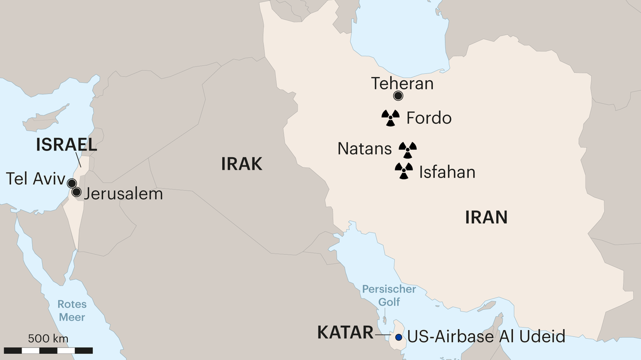 Karte zeigt den Nahen Osten. Eingezeichnet sind in Israel die Städte Tel Aviv und Jerualem, in Iran die Stadt Teheran, die Atomanlagen Fordo, Natans und Isfahan und die US-Airbase Al Udeid in Katar Karte zeigt den Nahen Osten. Eingezeichnet sind in Israel die Städte Tel Aviv und Jerualem, in Iran die Stadt Teheran, die Atomanlagen Fordo, Natans und Isfahan und die US-Airbase Al Udeid in Katar