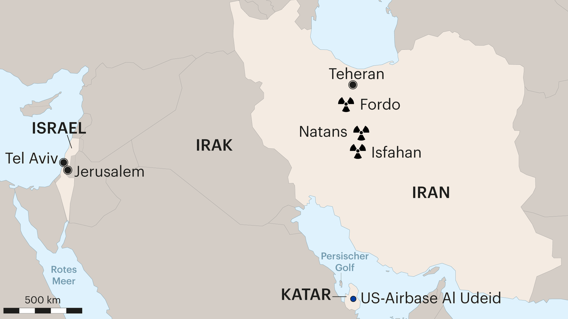 Karte zeigt den Nahen Osten. Eingezeichnet sind in Israel die Städte Tel Aviv und Jerualem, in Iran die Stadt Teheran, die Atomanlagen Fordo, Natans und Isfahan und die US-Airbase Al Udeid in Katar Karte zeigt den Nahen Osten. Eingezeichnet sind in Israel die Städte Tel Aviv und Jerualem, in Iran die Stadt Teheran, die Atomanlagen Fordo, Natans und Isfahan und die US-Airbase Al Udeid in Katar