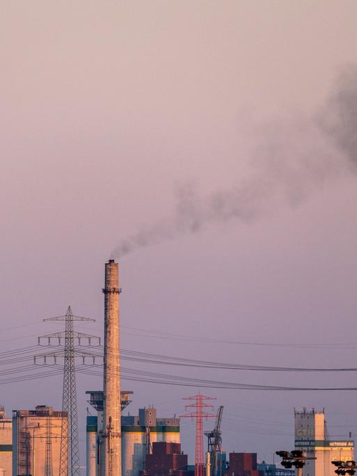 Ein hoher Industrieschornstein stößt bei Dämmerung dunkle Rauchwolken aus 