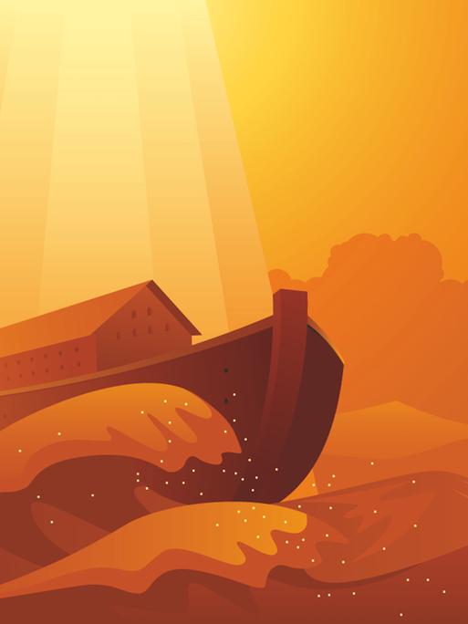 Illustration der Arche Noah in rauher See und in dramatisches orangefarbenes Licht getaucht.