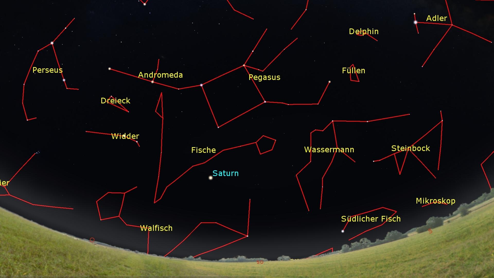 Der Anblick des Südosthimmels mit den typischen Herbststernbildern und dem Planeten Saturn 
