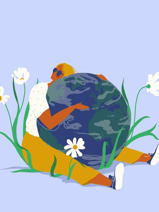 Eine Frau umarmt den Planeten Erde. 