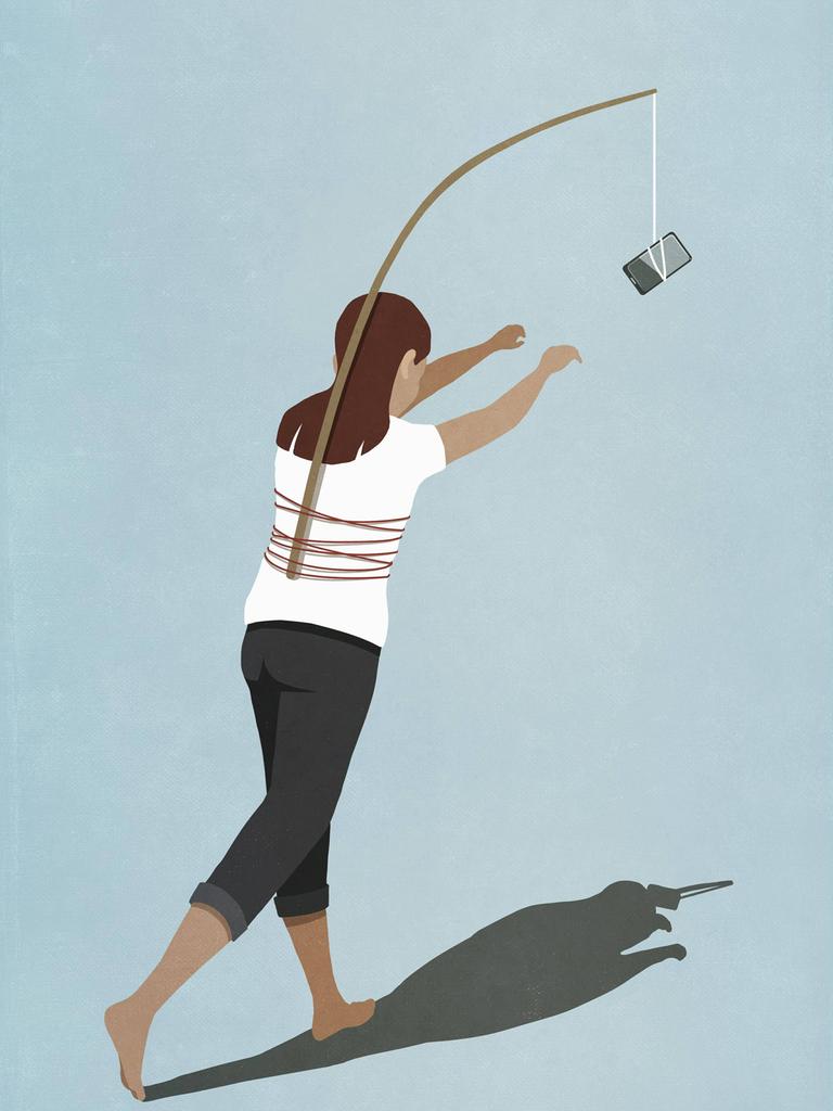 Eine Illustration zeigt eine Frau von hinten.Auf Ihrem Rücken ist eine Angel mit einem Smartphone angebracht. Eine Illustration zeigt eine Frau von hinten.Auf Ihrem Rücken ist eine Angel mit einem Smartphone angebracht.