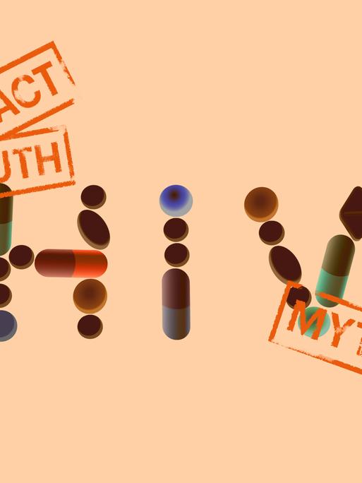 Farbiger Hintergrund, zentral im Bild die Buchstaben HIV und Stempelabdrücke "Fact, Truth, Myth"