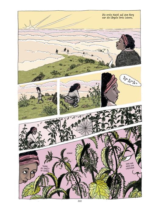 Eine Seite aus der Graphic Novel "Die Frau als Mensch" von Ulli Lust. Abgebildet sind verschieden Szenen in der Natur unter anderem auf einem Berg und Nahaufnahmen von Pflanzen und eine Frau die mit der Natur um sie herum interagiert.