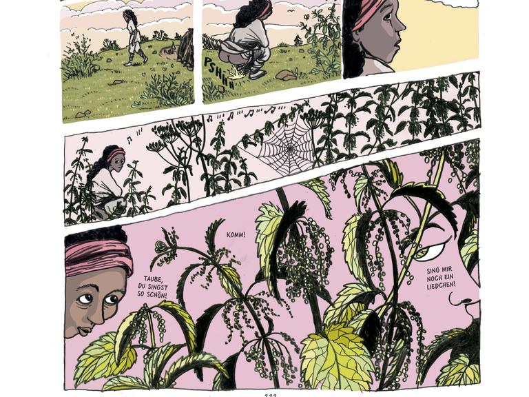 Eine Seite aus der Graphic Novel "Die Frau als Mensch" von Ulli Lust. Abgebildet sind verschieden Szenen in der Natur unter anderem auf einem Berg und Nahaufnahmen von Pflanzen und eine Frau die mit der Natur um sie herum interagiert.