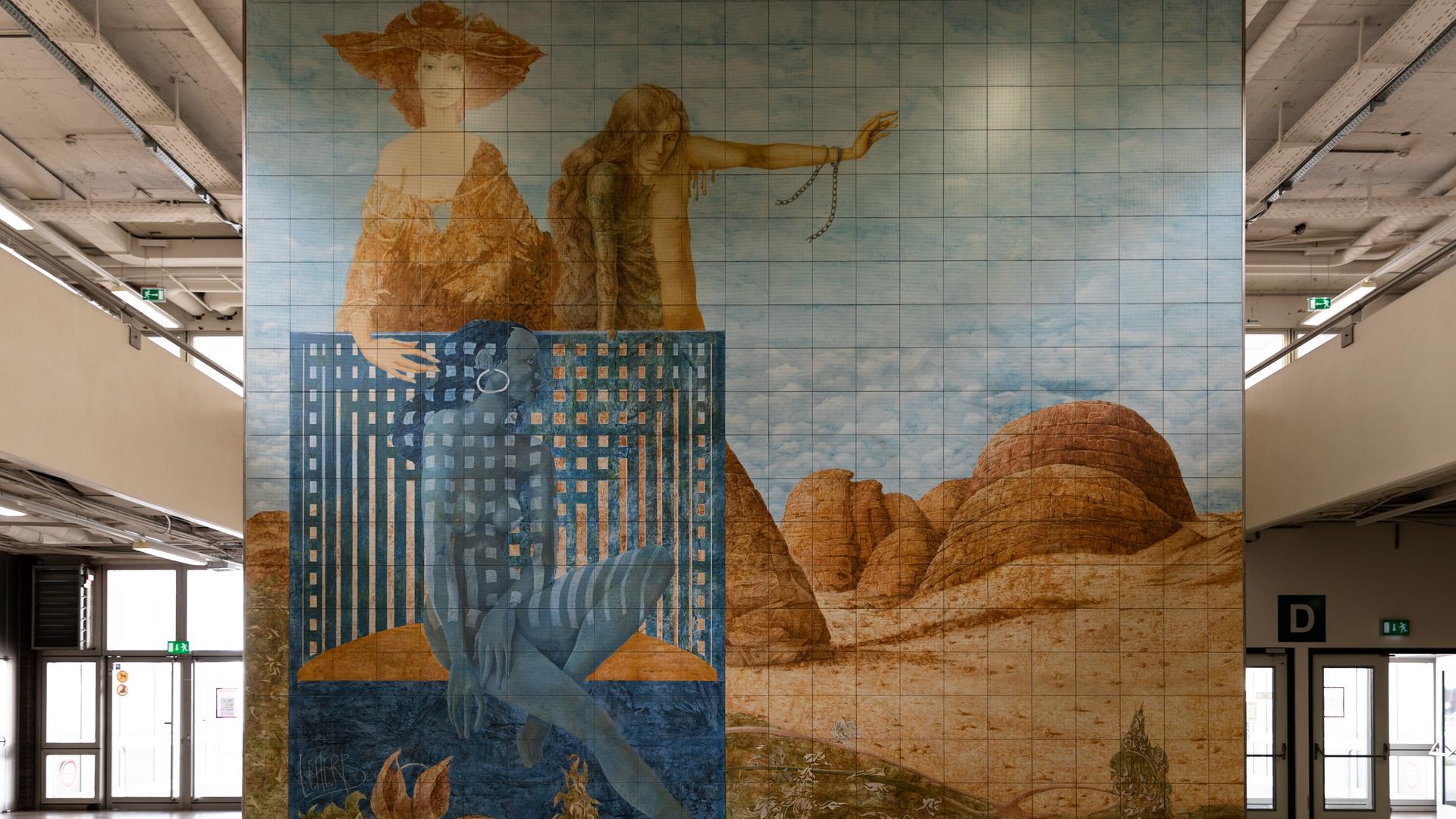 Eine europäisch gekleidete Frau mit Hut steht hinter einem Käfig mit einer nackten Ureinwohnerin, daneben steht ein Mann, der einen deportierten Straftäter darstellen soll Eine europäisch gekleidete Frau mit Hut steht hinter einem Käfig mit einer nackten Ureinwohnerin, daneben steht ein Mann, der einen deportierten Straftäter darstellen soll