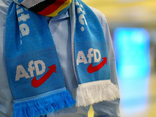 Ein Parteimitglied trägt einen Schal mit dem Schriftzug "AfD" in der Grugahalle beim Parteitags der rechtsextremen Partei Alternative für Deutschland (AfD) in Essen am 30. Juni 2024.  