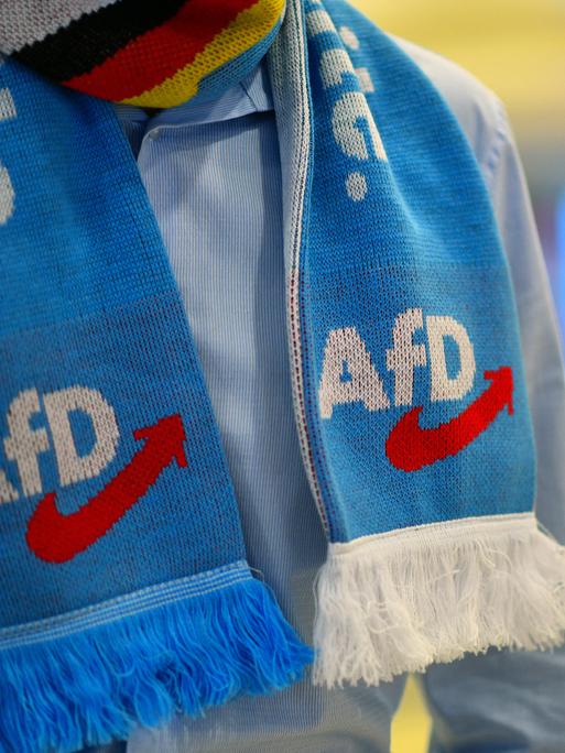 Ein Parteimitglied trägt einen Schal mit dem Schriftzug "AfD" in der Grugahalle beim Parteitags der rechtsextremen Partei Alternative für Deutschland (AfD) in Essen am 30. Juni 2024.  