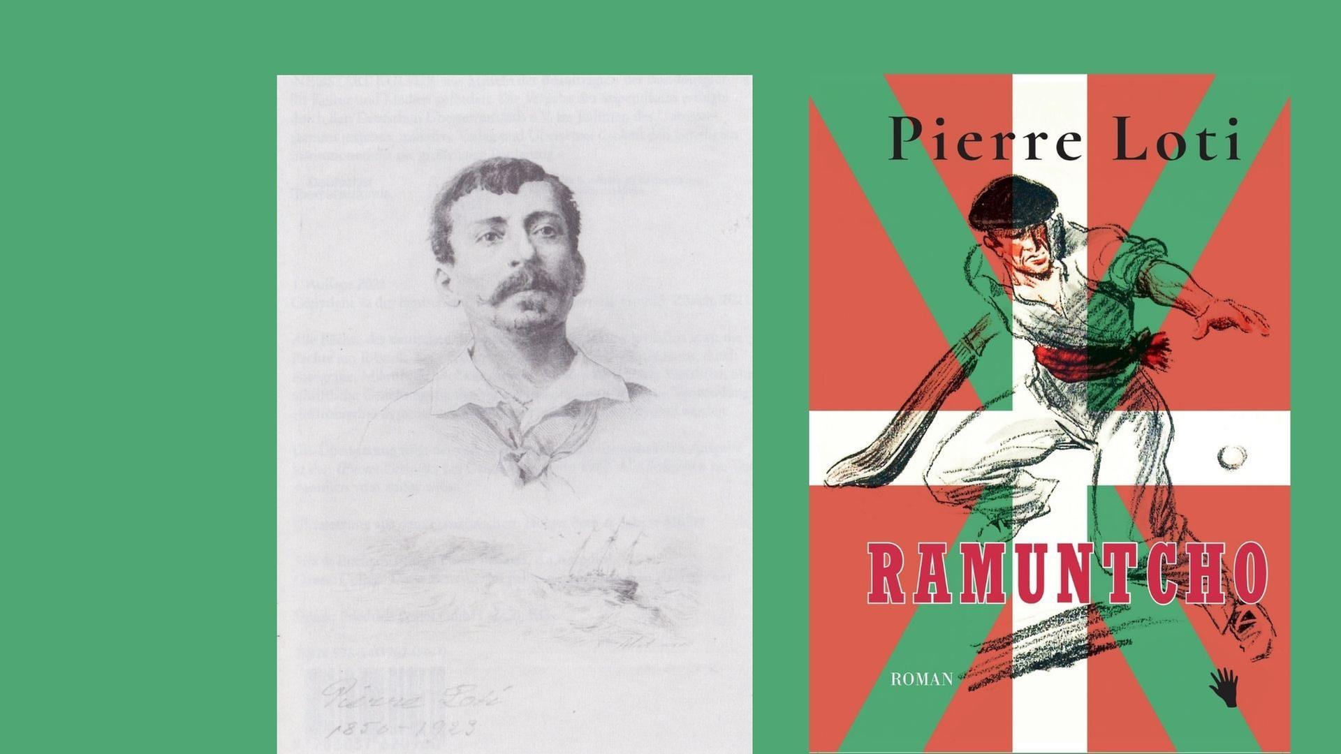 Portrait Zeichnung des Schriftstellers und Buchcover zu "Ramuntcho"