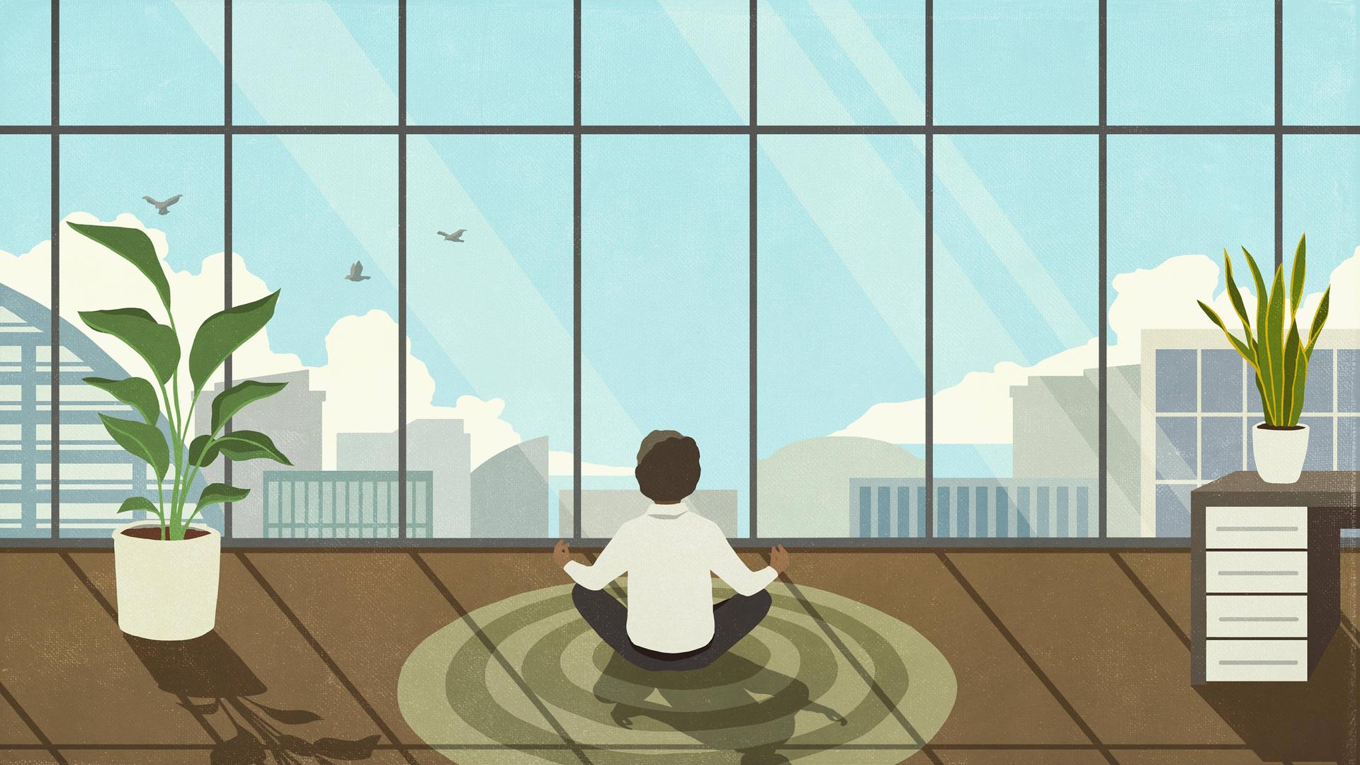 Die Illustration zeigt eine Person, die in einem Raum vor einer breiten Fensterfront auf dem Boden sitzt und meditiert.