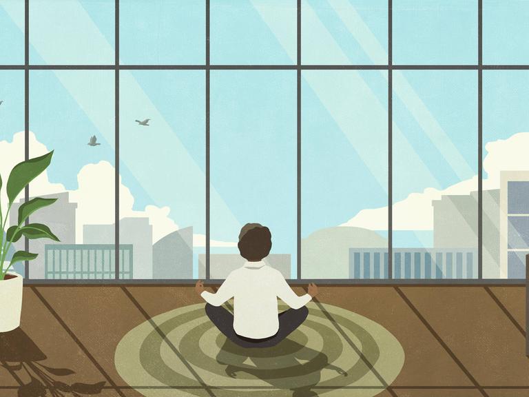 Die Illustration zeigt eine Person, die in einem Raum vor einer breiten Fensterfront auf dem Boden sitzt und meditiert.