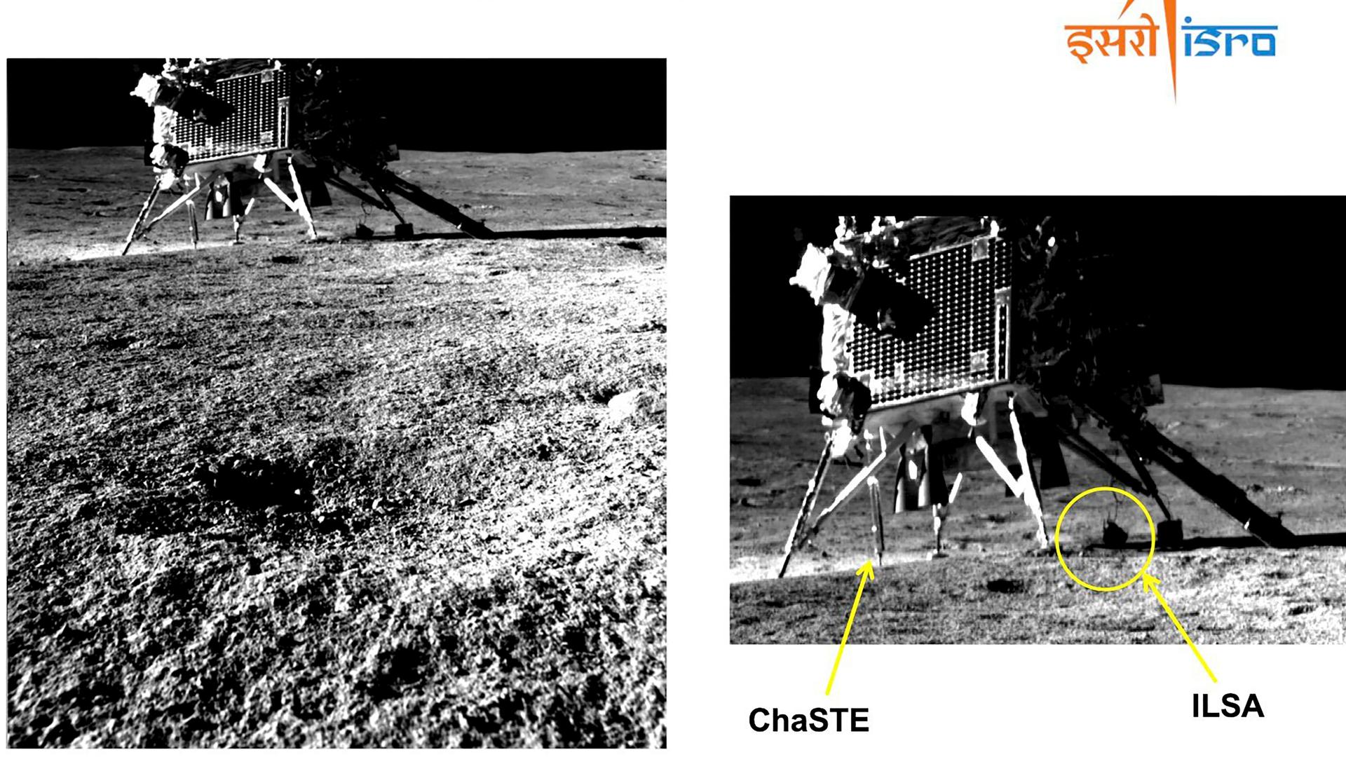 Dieses von der Indischen Weltraumforschungsorganisation (ISRO) zur Verfügung gestellte Bild zeigt den Vikram-Lander aus der Perspektive des Pragyan-Rovers. Dieses von der Indischen Weltraumforschungsorganisation (ISRO) zur Verfügung gestellte Bild zeigt den Vikram-Lander aus der Perspektive des Pragyan-Rovers.
