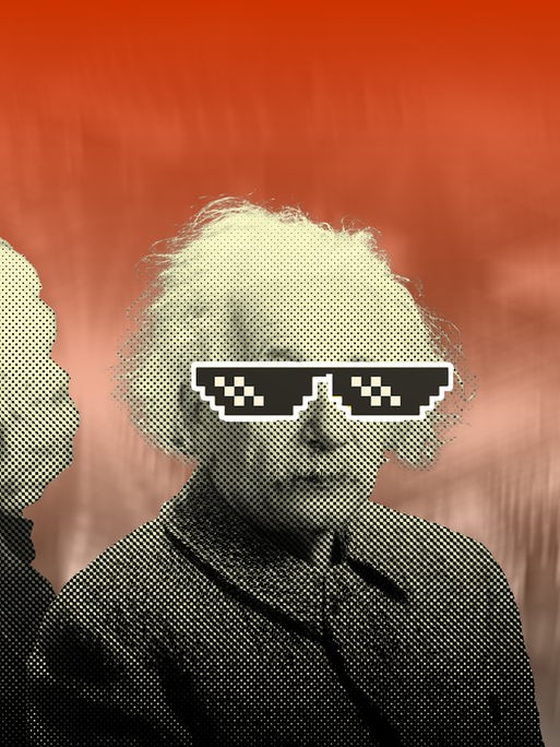 Collage der Portraits von Einstein und Mozart, die beide eine Memebrille tragen.
